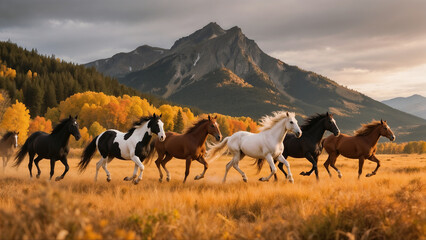 Majestic Wild Horses Galloping Across Golden Autumn Landscape