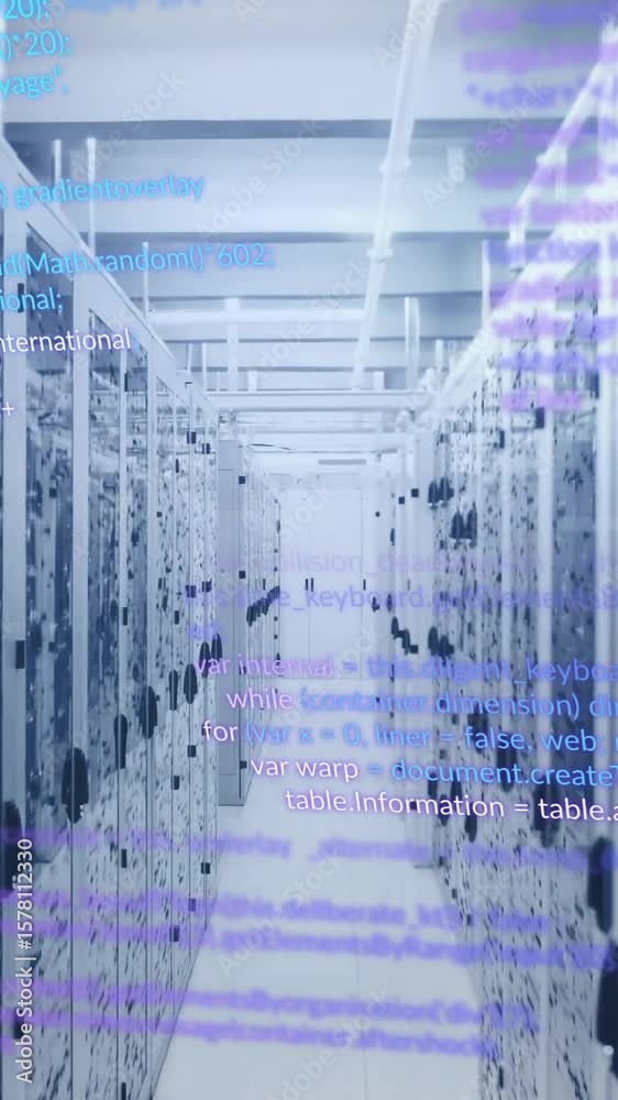 Poster computer code animation over server racks in data center