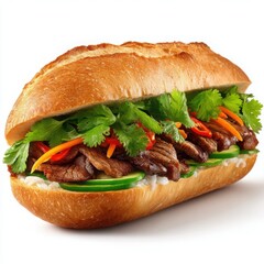 Delicious Vietnamese Banh Mi Sandwich with Grilled Beef, Fresh Cilantro, Pickled Carrots, Cucumber, and Chili Peppers on a Crispy Baguette, Isolated on White