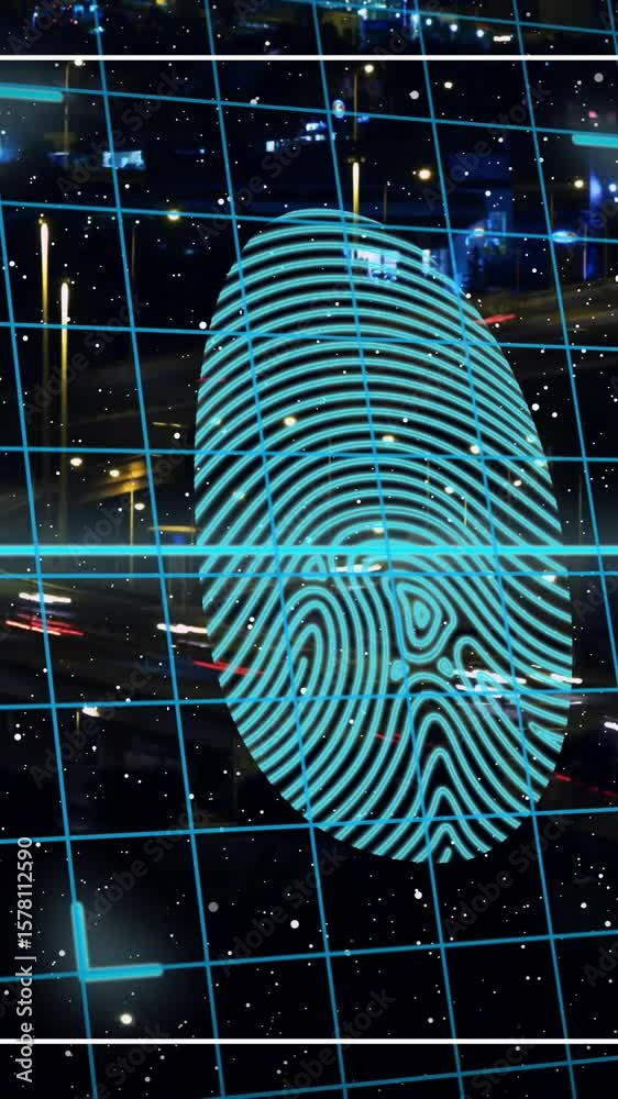 Poster fingerprint scanning animation over cityscape with grid and data visualization