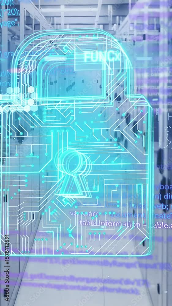 Poster digital lock and code processing animation over server room background