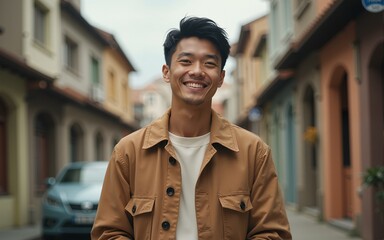 cinematic shot,happy asian male 27 years old, earth tone color outfit, standing. High quality
