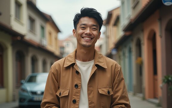cinematic shot,happy asian male 27 years old, earth tone color outfit, standing. High quality