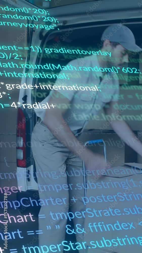 Poster computer code animation over delivery worker loading packages into van