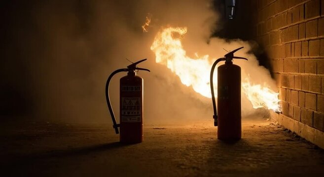 Emergency Response: Fire Extinguishers Facing the Blaze in Darkness