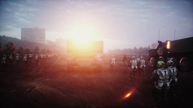 American High Mobility Artillery Rocket System in a ruined city.