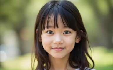 Portrait of asian girl looking at camera outdoor - Focus on face. High quality