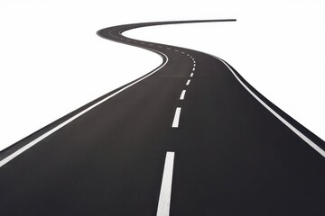 Winding asphalt road with painted white lines on a clean background