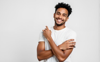 asian young man smiling with hands crossed on isolated background. High quality