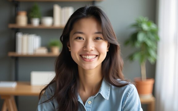 Smiling asian young woman looking at camera webcam making distance video conference call for online job interview or teaching, happy asian teen girl student teacher vlogger recording vlog, portrait