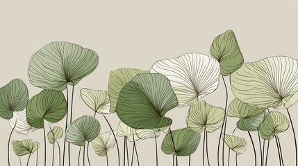 Delicate, stylized leaves in muted greens and whites on a light beige background