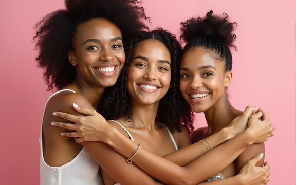 A three diverse women with glowing skin and smiles on their faces, embracing on soft pink background. High quality
