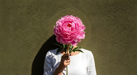 Woman holding a large pink peony flower, obscuring her face against a textured green wall.