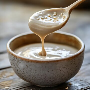 closeup of tahini being poured from a spoon into a bowl creamy sesame paste texture macro food photography t