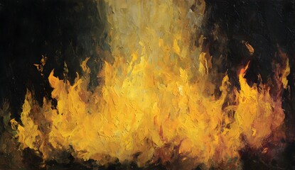Dramatic abstract painting of yellow flames on a dark background