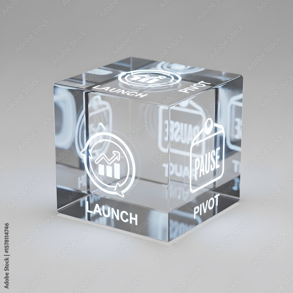 Poster transparent cube illuminated with business icons against a neutral background with concepts of launc