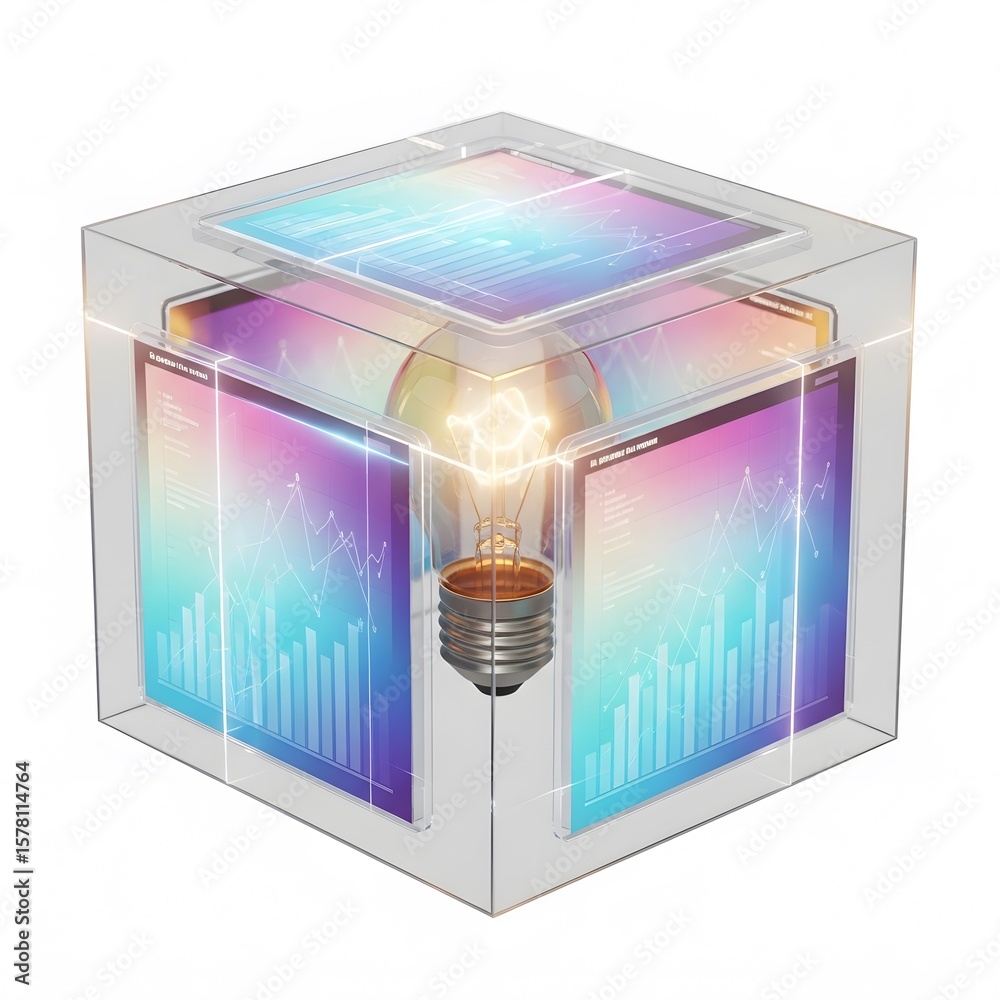 Poster transparent cube with illuminated light bulb and data visualization representing idea technology inn