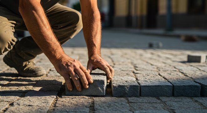 Close-up of a skilled paver worker laying bricks on a street surface ideal for construction websites, training manuals, or brochures.
