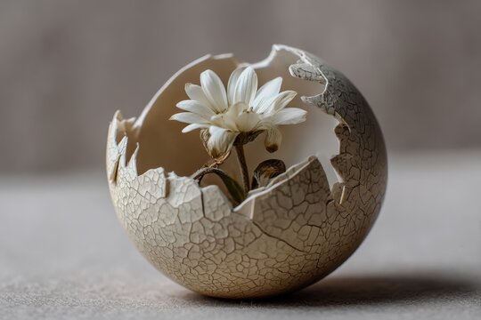 cracked eggshell with wilted flower inside symbolizing burnout