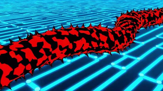 A vibrant, abstract digital artwork featuring a red, spiky, worm-like form.
