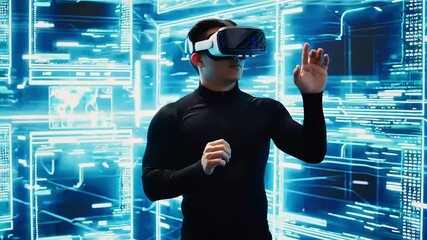 Man wearing a VR headset interacts with a digital, futuristic interface with glowing blue lines and shapes. - Powered by Adobe