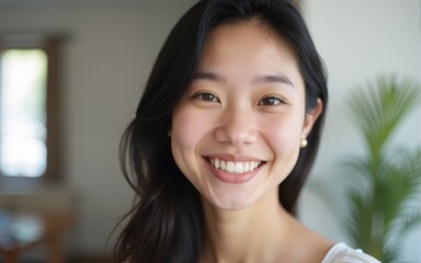 Profile picture of smiling young Vietnamese woman show optimism leadership. Close up headshot portrait of happy millennial asian 20s female renter or tenant pose look at camera in own flat apartment.