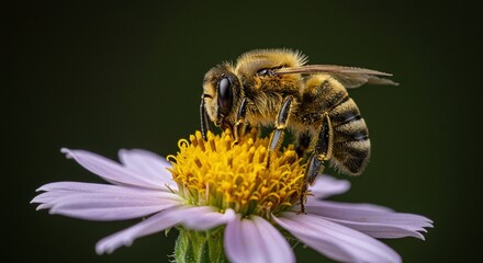 Bee Pollinating Yellow Centered Flower on Light Pink Petals in Natural Environment
