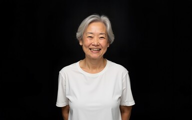 east asian elderly woman black background wearing plain white tshirt smiling happy portrait. High quality