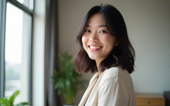 Profile picture of smiling young Vietnamese woman show optimism leadership. Close up headshot portrait of happy millennial asian 20s female renter or tenant pose look at camera in own flat apartment.