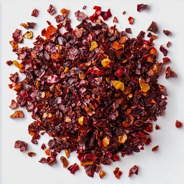 closeup of urfa biber chili flakes with deep burgundy color and oil sheen macro spice photography white background