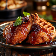 A Plate of Crispy Chicken with Waffles