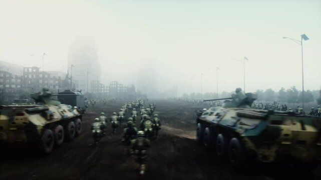 armored infantry vehicles with soldiers in in a ruined city.