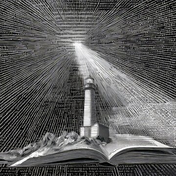 conceptual lighthouse emitting rays of knowledge and logic