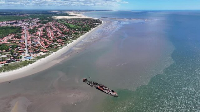 Fock Of The Scarlet Ibis At Parnaiba In Piaui Brazil. Seabirds Riverside. Wildlife Landscape. Piaui Brazil. Parnaiba Delta Phenomenon. Fock Of The Scarlet Ibis At Parnaiba In Piaui.