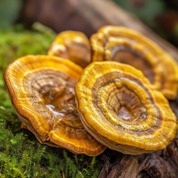 closeup of wild mushrooms growing on moss earthy brown and yellow tones macro wild fungi photography clean soft background