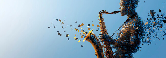 Fragmented Glass Figure Playing Saxophone in Dynamic Abstract Art