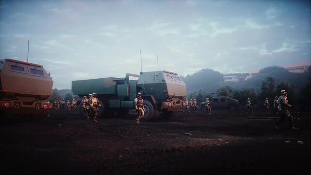 American High Mobility Artillery Rocket System in a ruined city.
