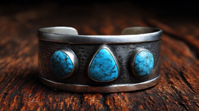 Realistic Native American turquoise cuff bracelet silver hand forged design ethnic jewelry blue stones tribal heritage rustic look leather background artisan craftsmanship