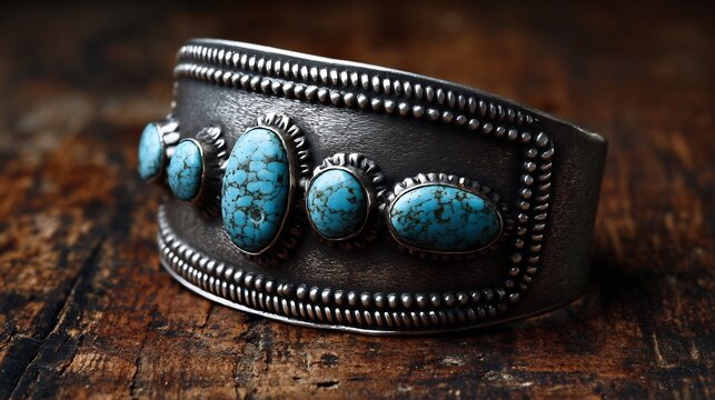Realistic Native American turquoise cuff bracelet silver hand forged design ethnic jewelry blue stones tribal heritage rustic look leather background artisan craftsmanship