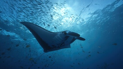 Manta ray in deep blue ocean