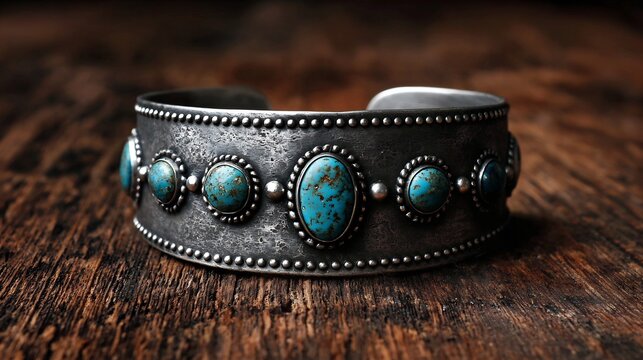 Realistic Native American turquoise cuff bracelet silver hand forged design ethnic jewelry blue stones tribal heritage rustic look leather background artisan craftsmanship