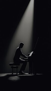 contour of a pianist playing under a spotlight in tall portrait frame