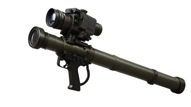 Photorealistic Render of Modern MANPADS with Targeting Scope on White Background at 45&deg; Angle