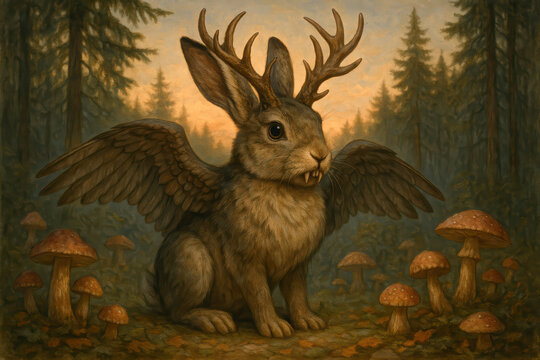 Wolpertinger from Bavarian Folklore, Winged Rabbit with Antlers in Forest at Twilight