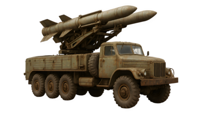 Vintage Cold War-Era Mobile Air Defense Launcher on Soviet-Style Vehicle with Worn Paint and Rust – Isolated PNG