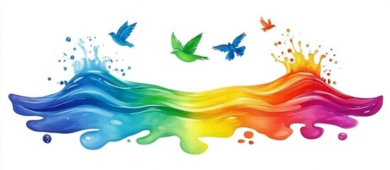 Rainbow Water Wave with Flying Birds