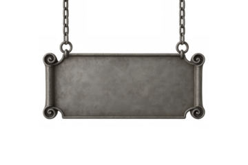 Metal plate hanging from chains on a transparent background, ideal for customization and adding text or images