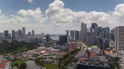 sunny day sinagpore city downtown living block front famous riverside boat quay aerial panorama 4k timelapse