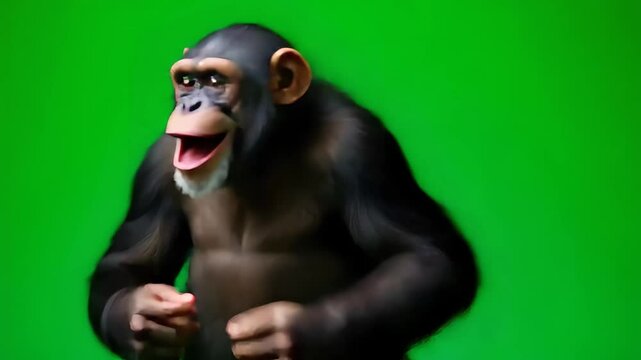 Playful Chimpanzee Expressing Joy Against a Bright Green Background