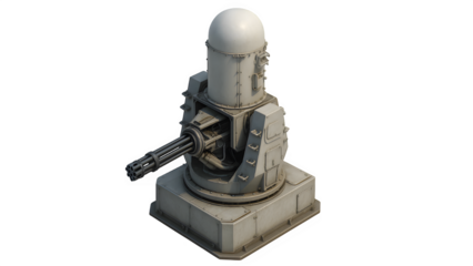 Isometric View of Naval CIWS Multi-Barrel Rotary Cannon for Missile Interception – Photorealistic PNG